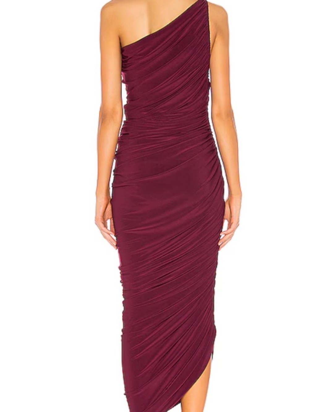Norma Kamali One-Shoulder Ruched Midi Dress in Burgundy - Picture 3 of 6